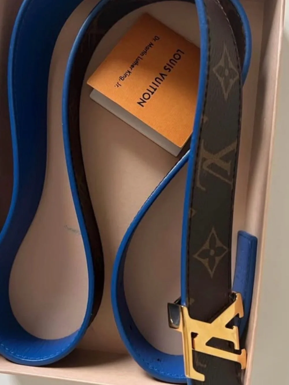 Louis Vuitton Brown Monogram & Blue Leather Reversible Belt with Gold LV Buckle